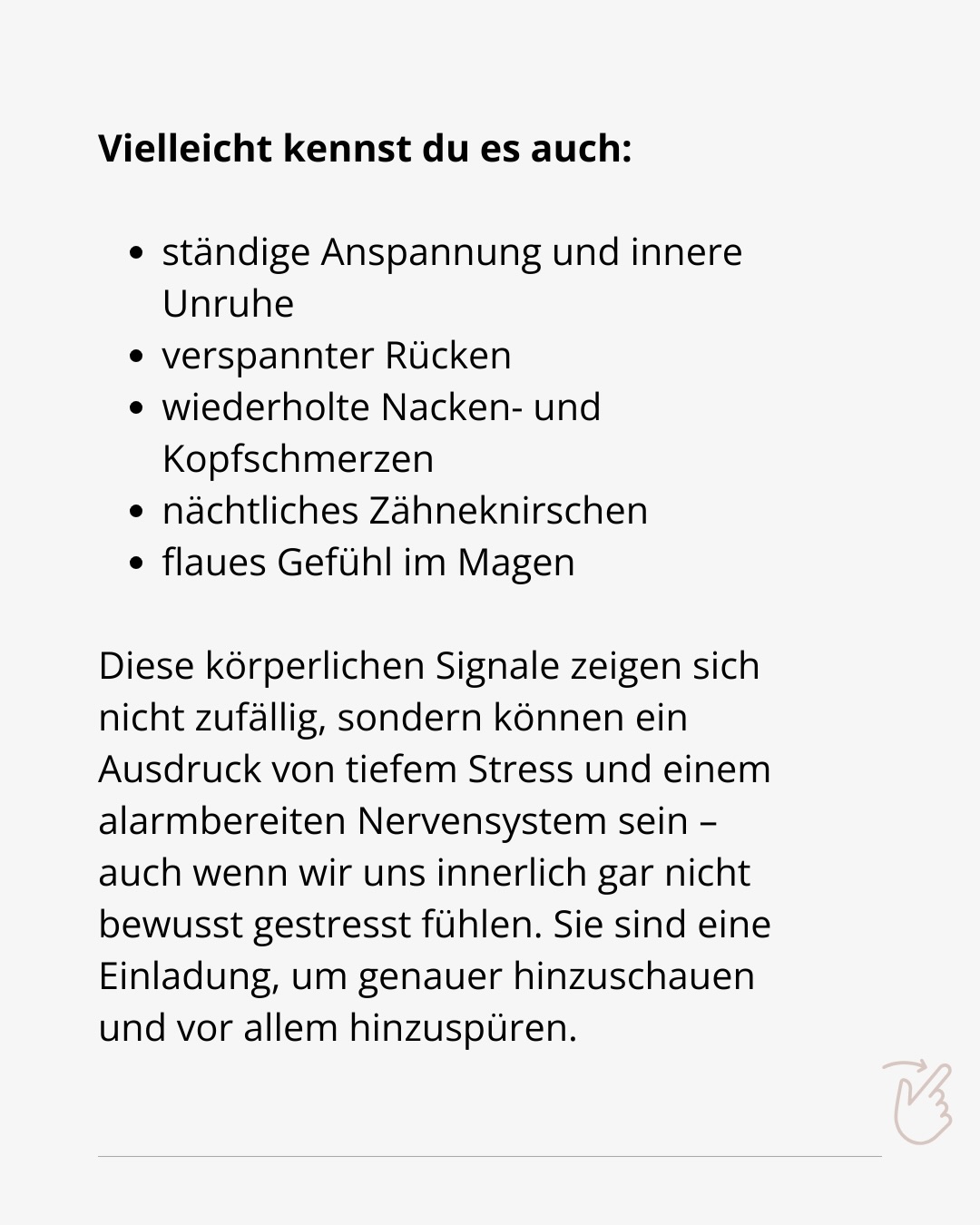 „Wenn die Psyche körperlichen Ausdruck findet“
Spannungen im Nacken, Kiefer oder Rücken sind oft mehr als nur körperliche Beschwerden – sie sind eine Einladung, um Signale achtsame wahrzunehmen. Lerne, sie zu erkennen, zu spüren und achtsam loszulassen.
#psychology #psychosomatik #somatic #mentalhealth #neckpain