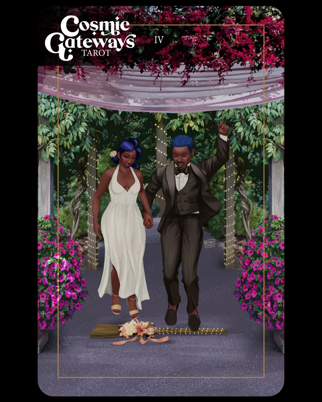 It's been a while since I've shared a new card from the Cosmic Gateways Tarot, but in 2025 I made some huge leaps toward completing this project and I'm super happy to share the Four of Wands. This card was by far one of the most labor intensive cards I've completed to date, clocking in over 70 hours of work spread out over 4 months. Did it need to take 70 hours? Probably not, but it was definitely a labor of love. Through this card, I can see my own artistic growth and I can definitely tell it took a while to do. I completed this card over a series of live streams.