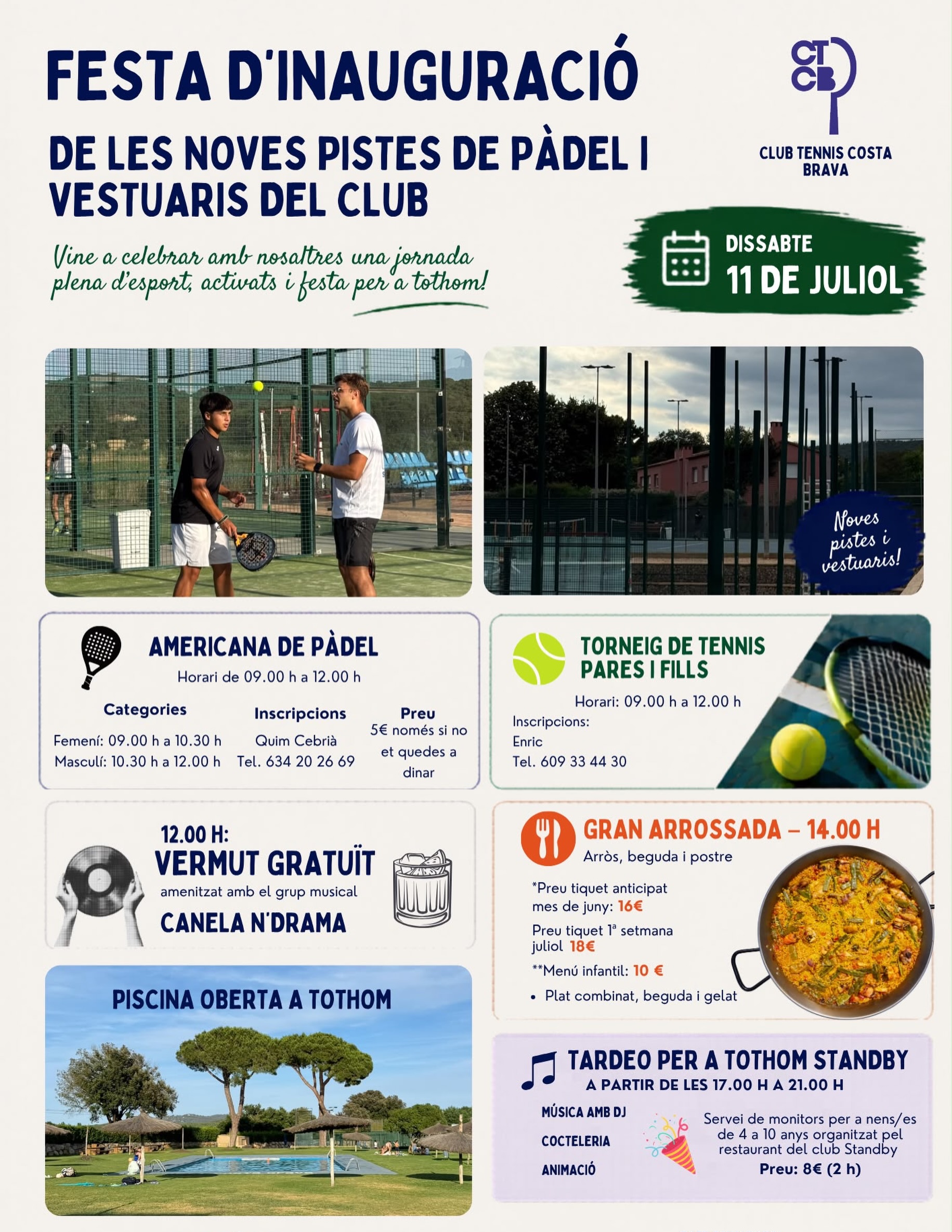 El dissabte 11 de juliol inaugurem les noves pistes de pàdel i els nous vestuaris🥳
Com ho celebrarem?
🎾 Americana de pàdel de 9 a 12h (inscripcions Quim)
🎾 Torneig de tennis pares i fills de 9 a 12h (inscripcions Enric)
🎾 A les 12h vermut gratuït de la mà de @canela_n_drama
🎾 A les 14h la gran arrossada al restaurant Standby (tiquets a recepció)
🎾 A partir de les 17h tardeo per tothom fins les 21h amb animació, música i 🍸
I tot això amb la piscina oberta per tothom💦
De veritat deixaràs que t’ho expliquin?
Us esperem a tots el dissabte 11 de juliol per celebrar que continuem millorant i fent club💙
#clubtenniscostabrava #americanapadel #torneigtennis #arrossada #clubdepadel