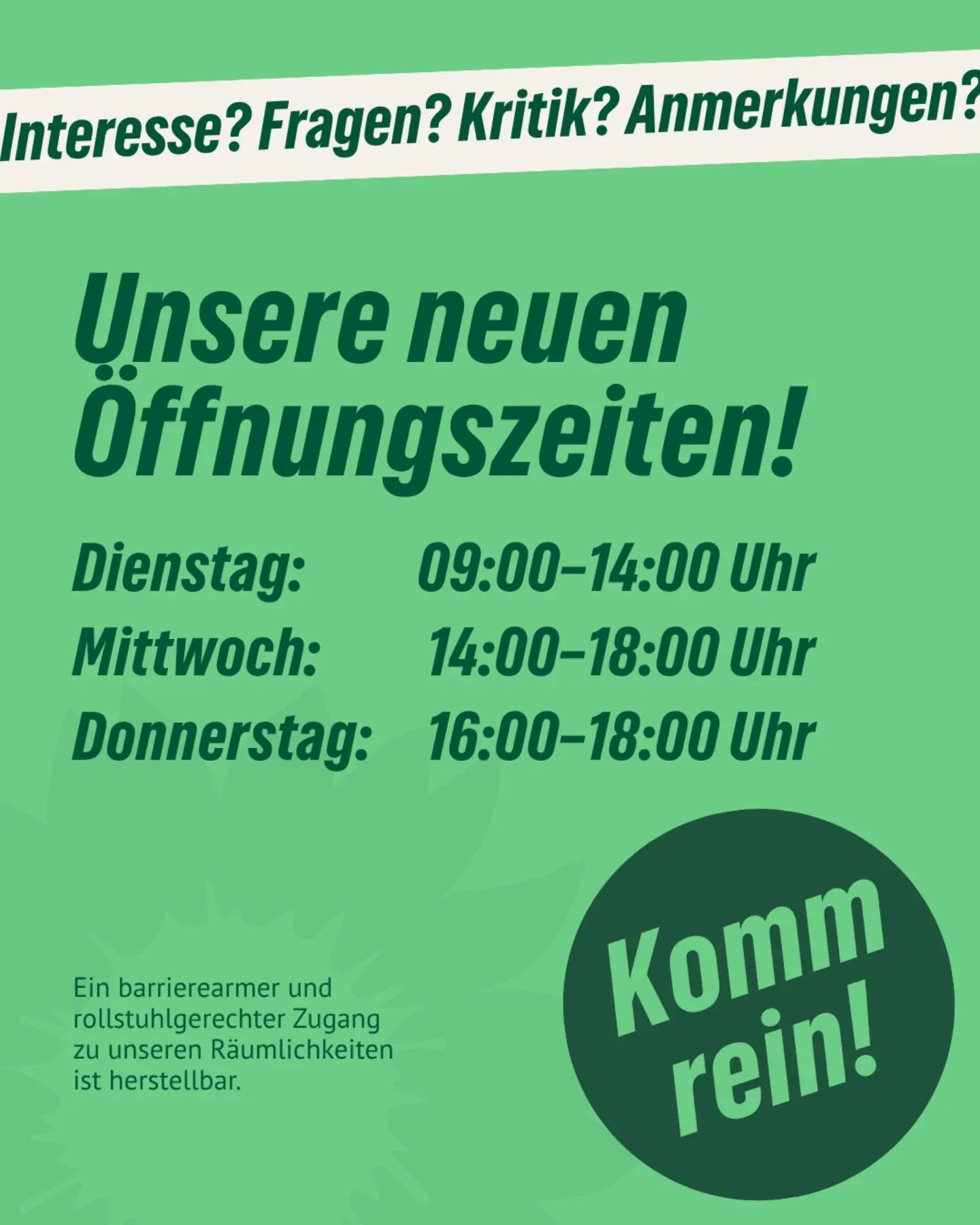 🌻 Unsere Termine für die Kalenderwoche 42! 💚
Auch in dieser Woche haben wir wieder ein vielfältiges Programm für euch vorbereitet. Alle Veranstaltungen finden bei uns in der Mühlenstraße 71 statt:
📅 Montag, 12.10. | 19:00 Uhr
🗣️ Vortrag: Resilienz trotz Krise
📅 Dienstag, 13.10. | 19:30 Uhr
🤖 AG Demokratie: Künstliche Intelligenz
📅 Mittwoch, 14.10. | 19:00 Uhr
🗳️ Vorstandssitzung
📅 Freitag, 16.10. | 19:00 Uhr
👩 Frauenabend
📍 Ort: Mühlenstraße 71, Lübeck
ℹ️ Hinweis: Alle Termine sind öffentlich!
Kommt vorbei, diskutiert mit und bringt eure Ideen ein. Wir freuen uns auf euch! ✨